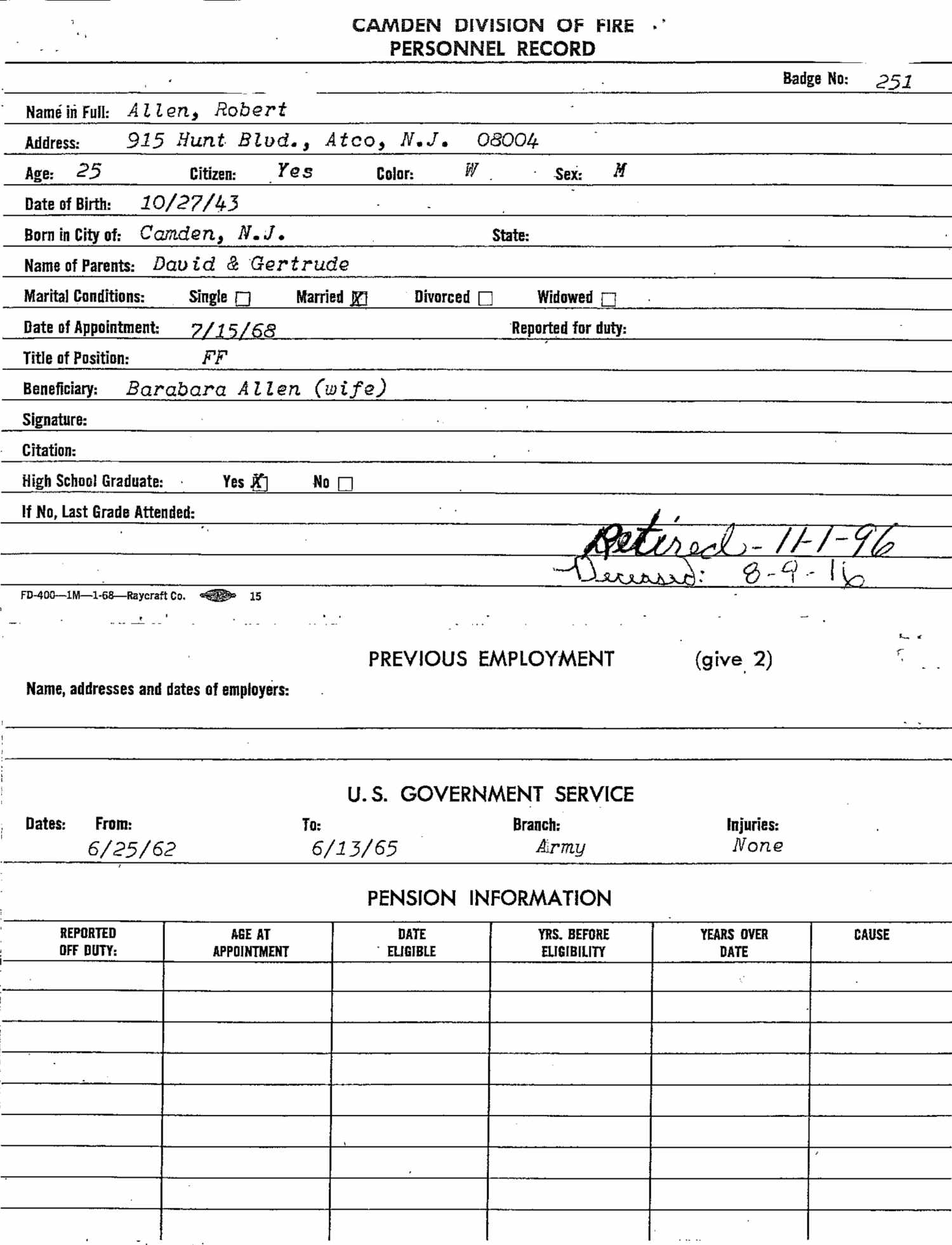 Camden Division of Fire Personnel Record — Robert R. Allen Sr.
