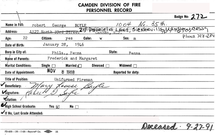 Robert George Boyle fire department record card