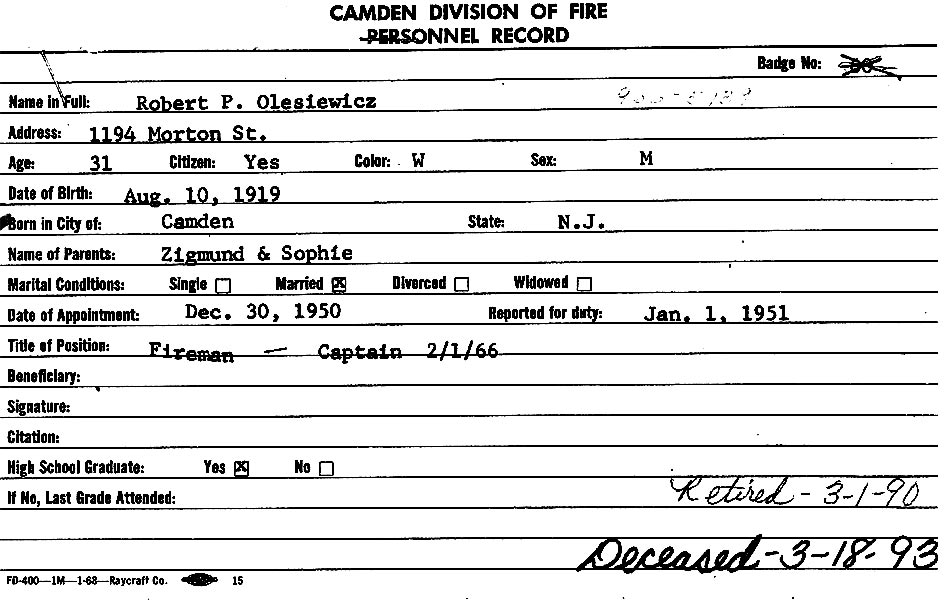Robert P. Olesiewicz fire department record card