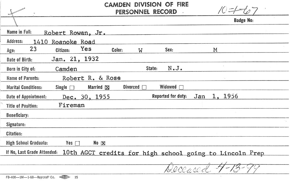 Camden Division of Fire Personnel Record for Robert Rowan Jr., appointed December 30, 1955