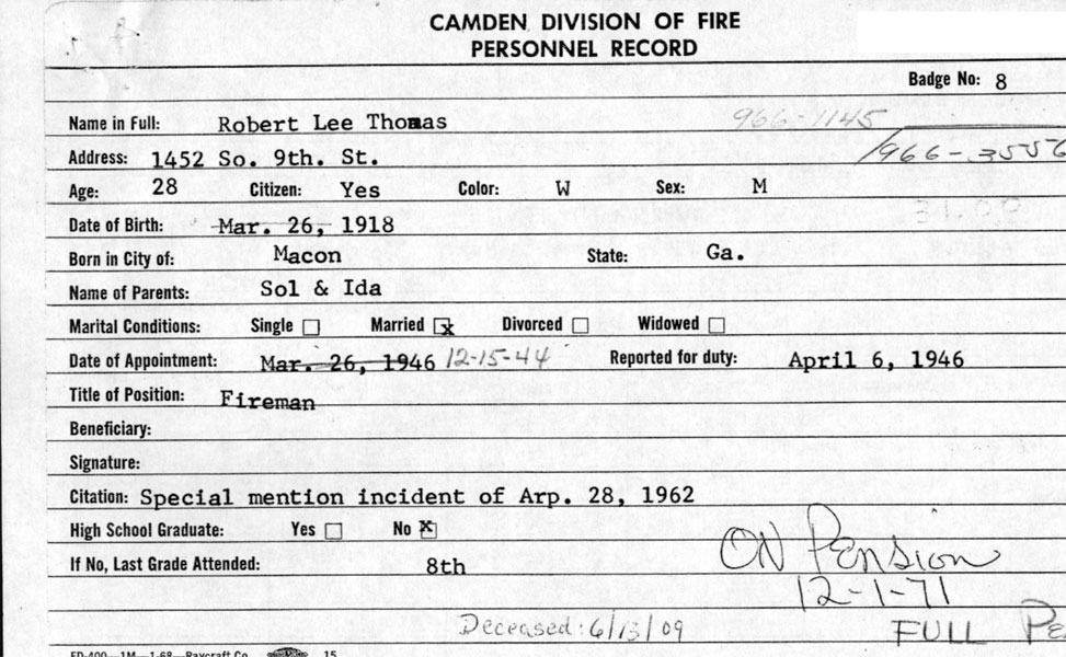 Camden Division of Fire Personnel Record for Robert L. Thomas