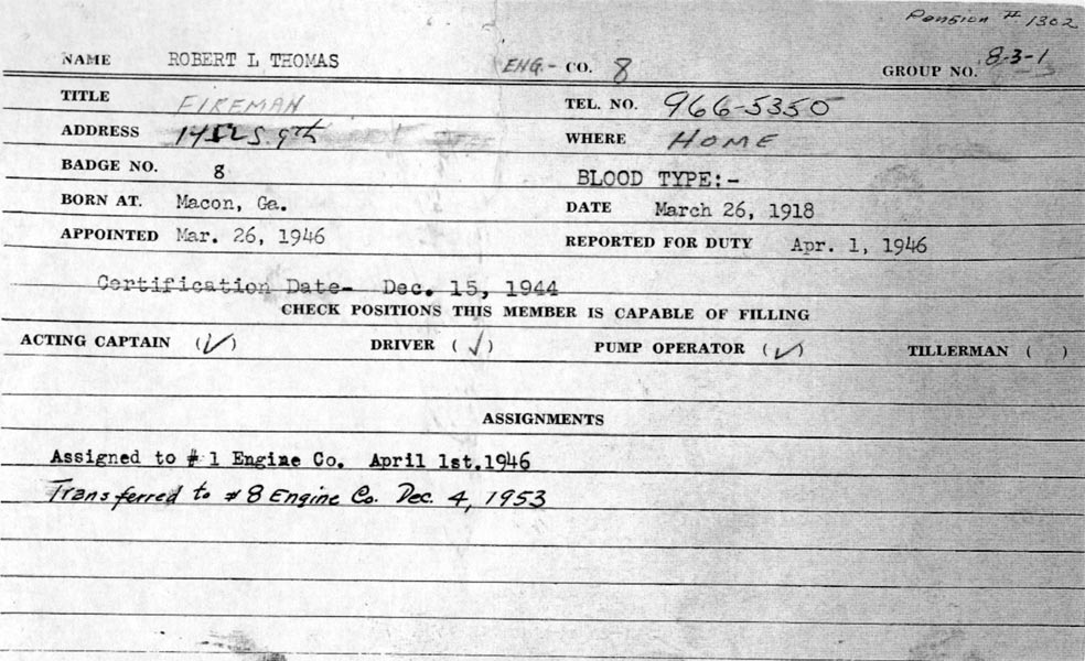 Camden Division of Fire Personnel Record for Robert L. Thomas (continued)