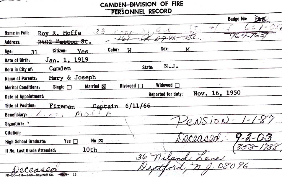 Roy Rocco Moffa — Camden Fire Department service card