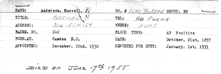 Camden Fire Department personnel record for Russell J. Anderson