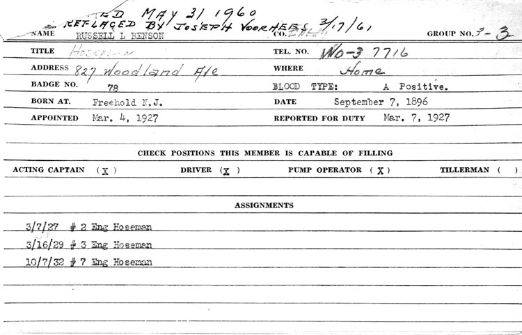 Russell L. Benson — Camden Fire Department service card