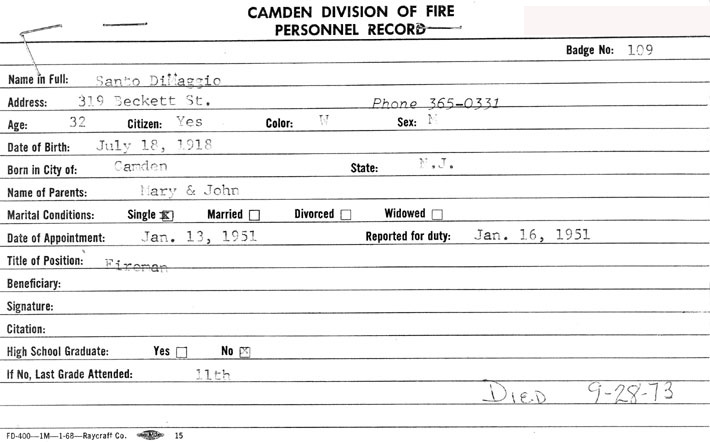 Memorial card for Santo DiMaggio, Camden Fire Department