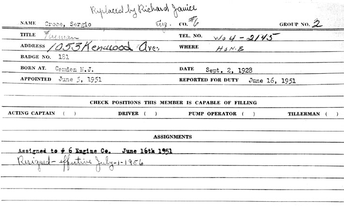 Sergio Croce, Camden Fire Department service card