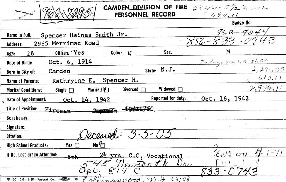 Spencer H. Smith Jr. Camden Fire Department personnel card