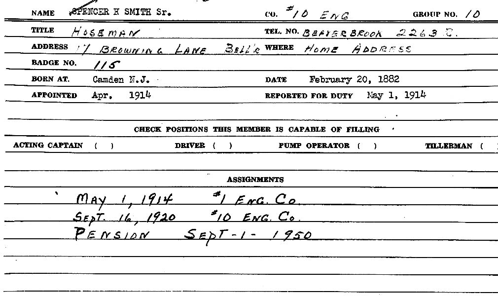 Fire Department Card for Spencer H. Smith Sr.
