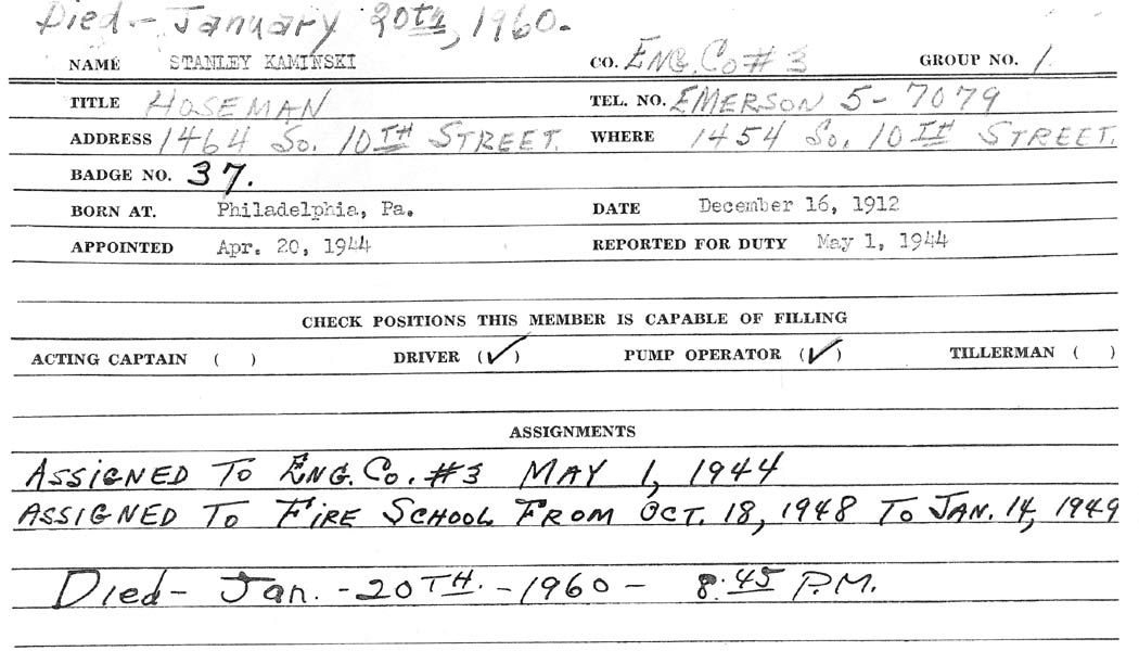 Stanley Kaminski Camden Fire Department employment record card, page 1