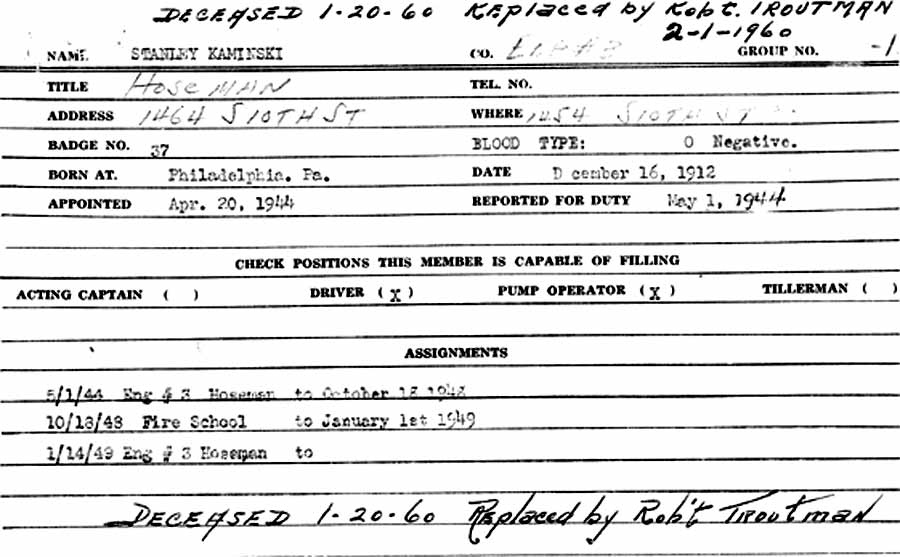 Stanley Kaminski Camden Fire Department employment record card, page 2