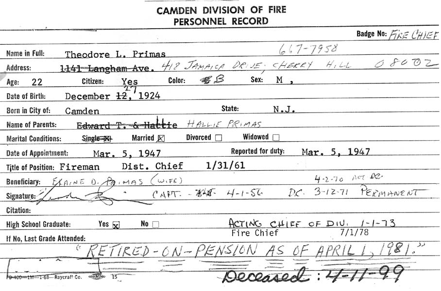 Theodore Primas fire department identification card