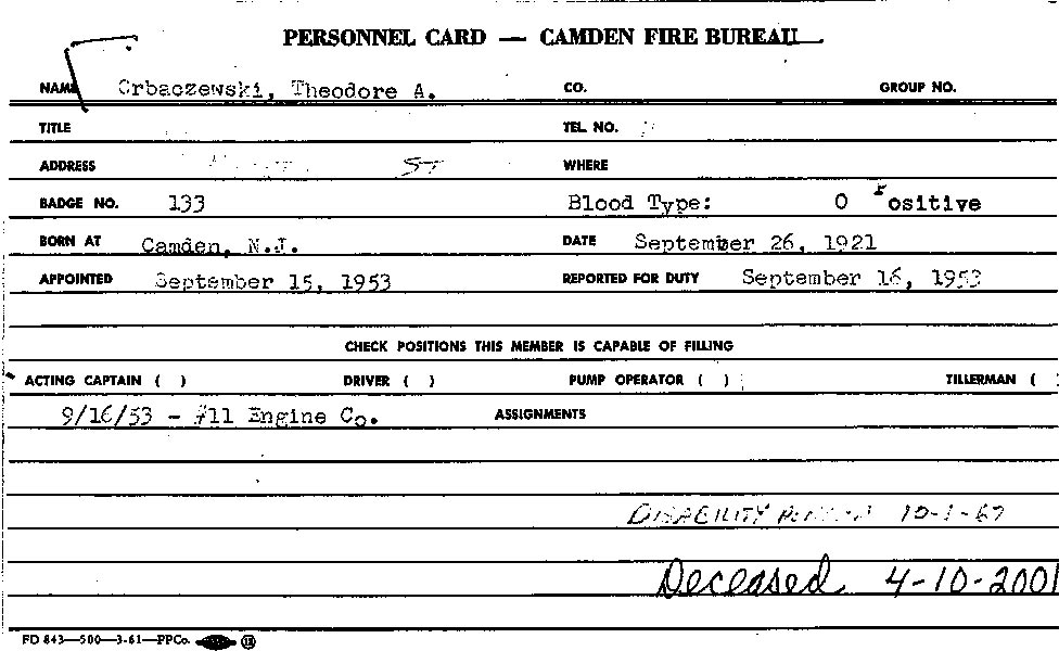 Theodore Orbaczewski fire service card