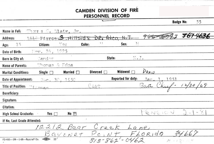 Camden Division of Fire Personnel Record — Thomas C. Blair Jr.