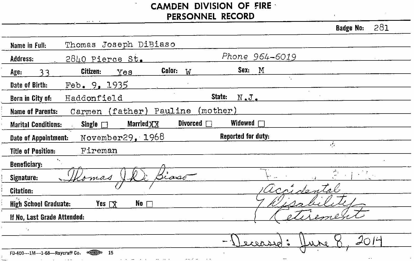 Thomas J. DiBiaso fire department service record — card 1