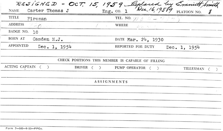 Camden Fire Department personnel card for Thomas J. Carter