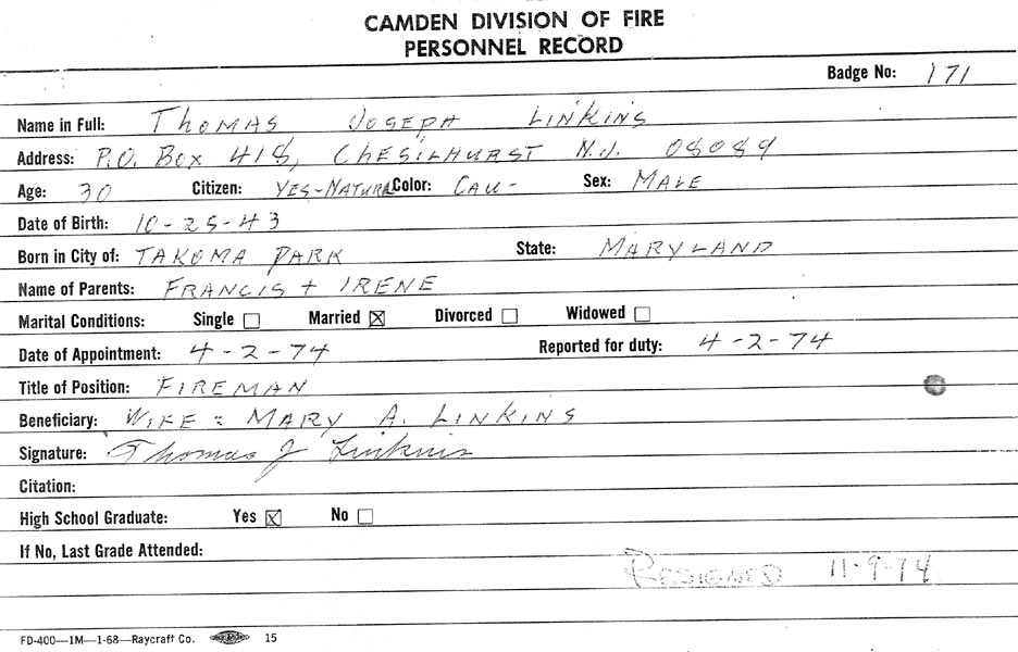 Thomas J. Linkins Fire Department ID card, front