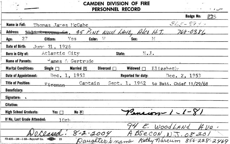 Camden Division of Fire personnel record for Thomas James McCabe, showing date of appointment December 1, 1953, promoted to Captain September 1, 1962, Battalion Chief November 29, 1968, retired on pension January 1, 1981