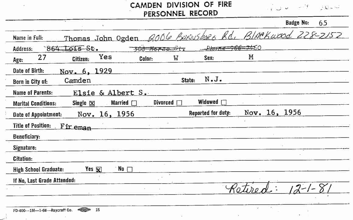 Camden Division of Fire Personnel Record — Thomas J. Ogden, front
