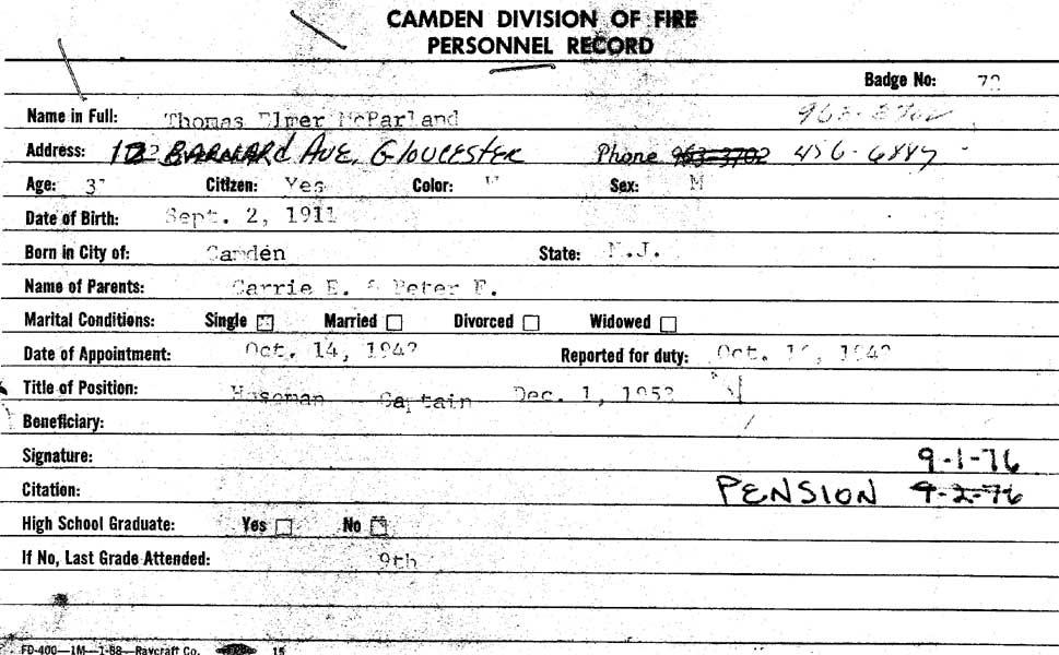 Thomas McParland — Camden Fire Department service card