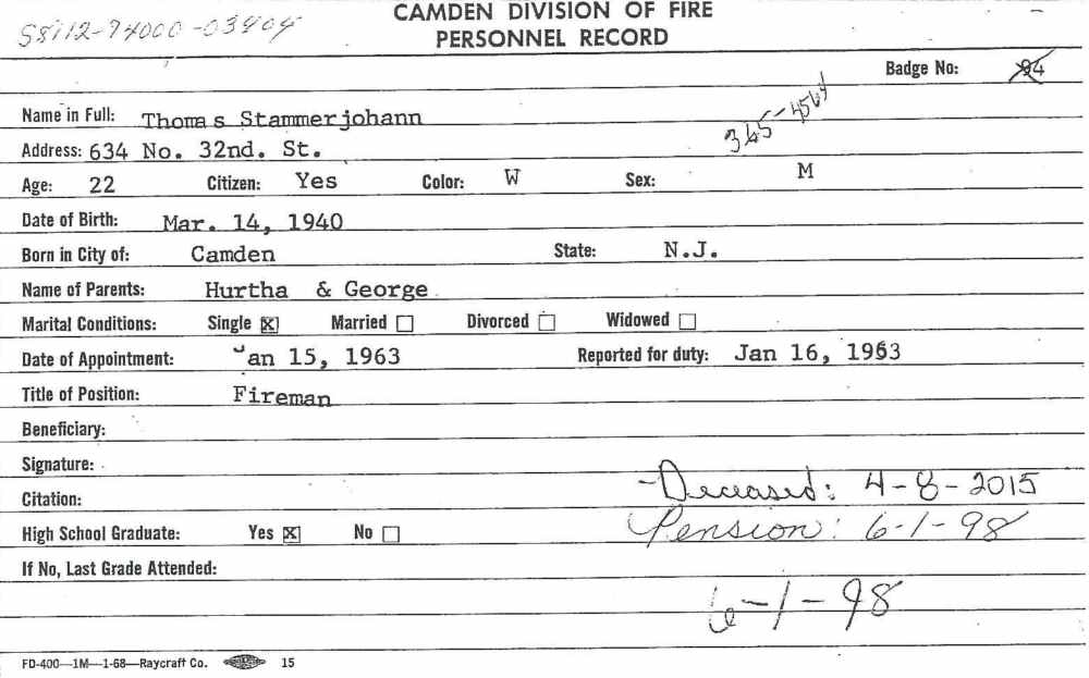 Camden Division of Fire Personnel Record for Thomas Stammerjohann