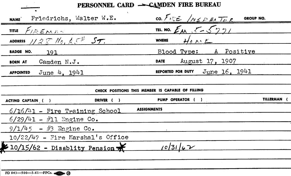Walter W.E. Friedrichs fire department record card