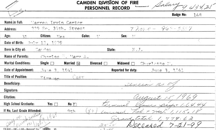 Warren Irvin Carter — Camden Division of Fire Personnel Record, Badge No. 148, appointed June 3, 1941