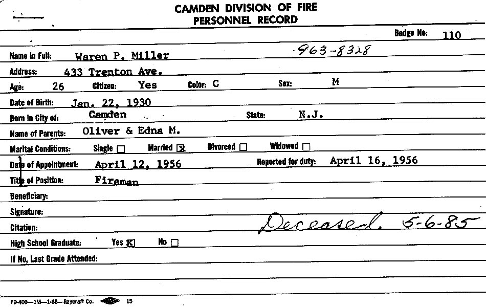 Warren P. Miller fire department service card