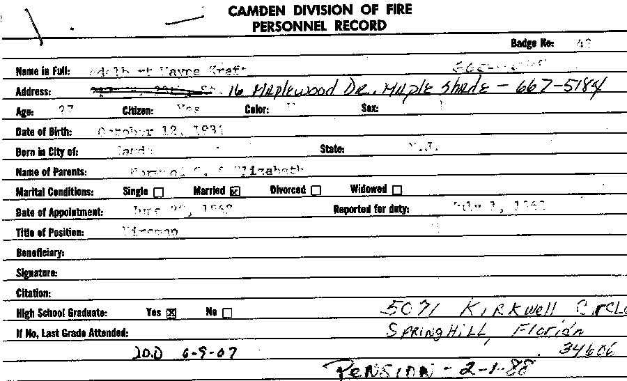 A. Wayne Kraft fire department record card