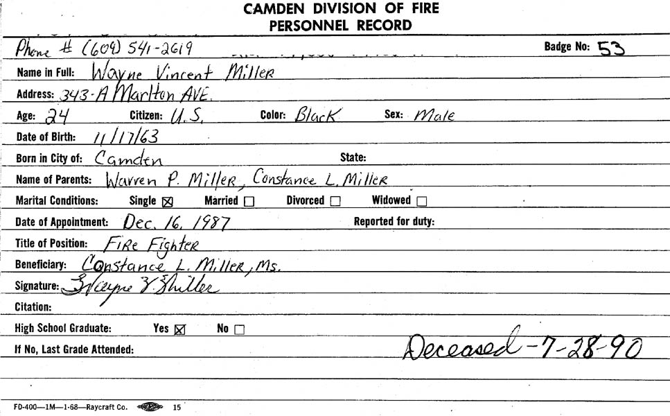 Wayne V. Miller fire department record card