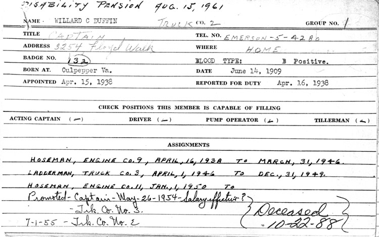 Camden Fire Department personnel record card for Willard C. Duffin