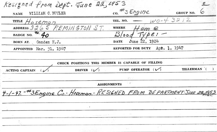 Camden Fire Department personnel record card for William C. Butler