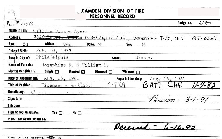 Camden Fire Department personnel record for William D. Ayers