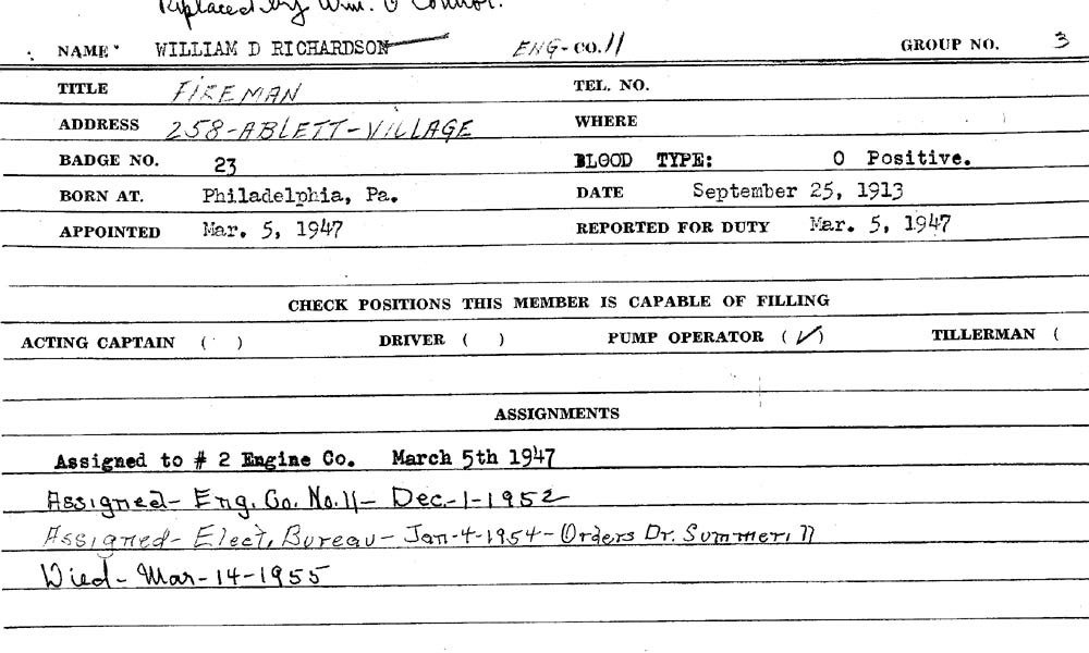 William D. Richardson fire department record card
