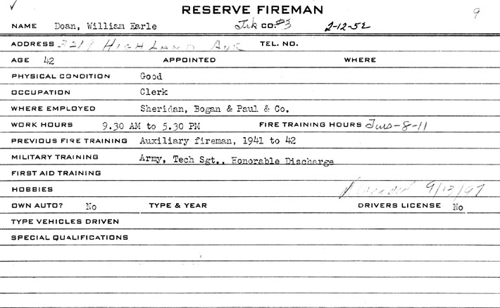 Reserve Fireman personnel record for William Earle Doan, Truck Company 3, dated February 12, 1952