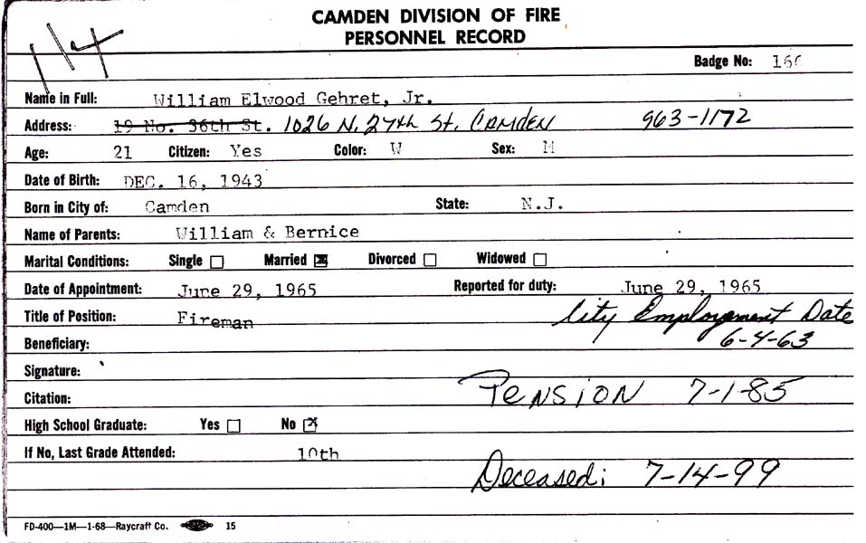 William E. Gehret Jr. fire department record card