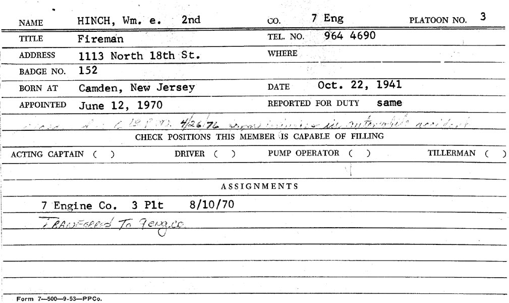 William E. Hinch II fire department record card, page 1