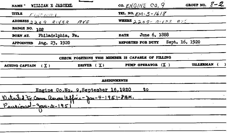 William E. Jaeckel fire department personnel record