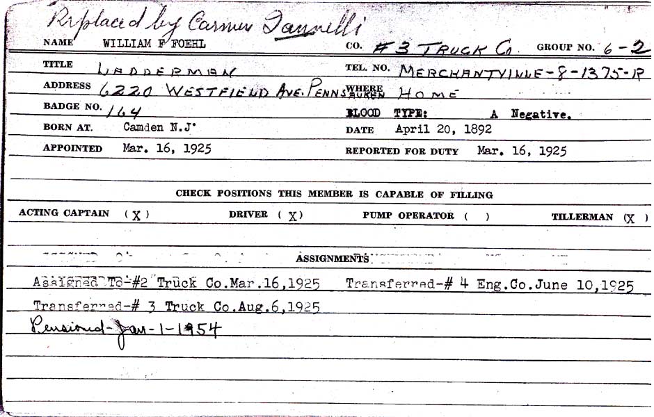 William F. Foehl Sr. — Camden Fire Department personnel record