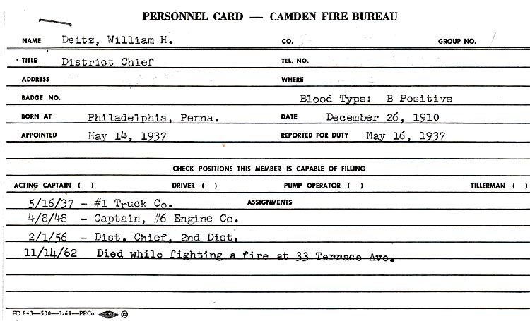 Memorial card for William H. Deitz, Camden Fire Department