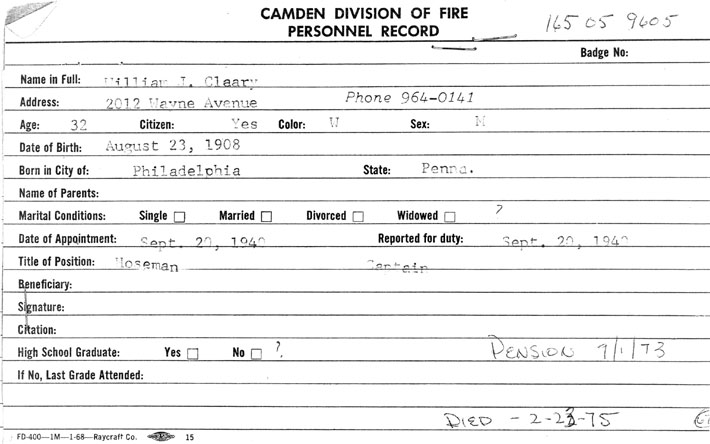 Camden Division of Fire personnel record for William J. Cleary