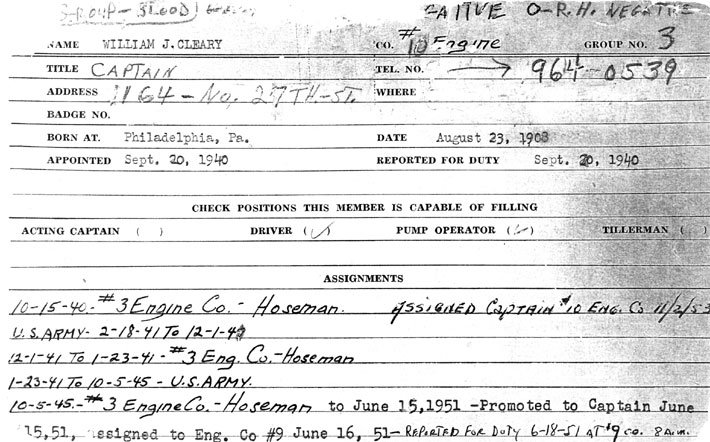 Camden Division of Fire personnel record for William J. Cleary (reverse)