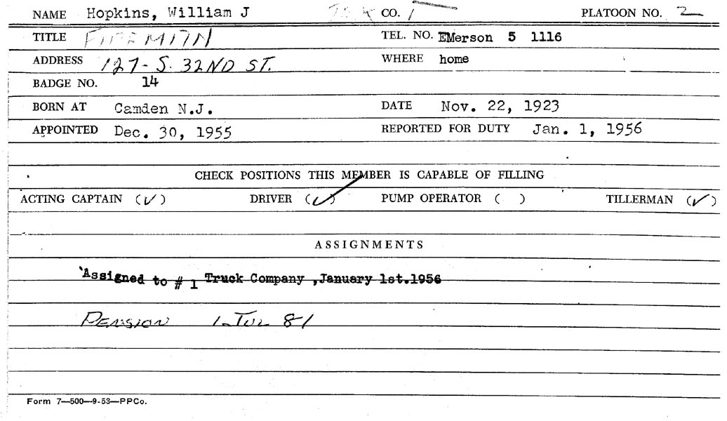 Camden Fire Department personnel record card — William J. Hopkins, Badge No. 14