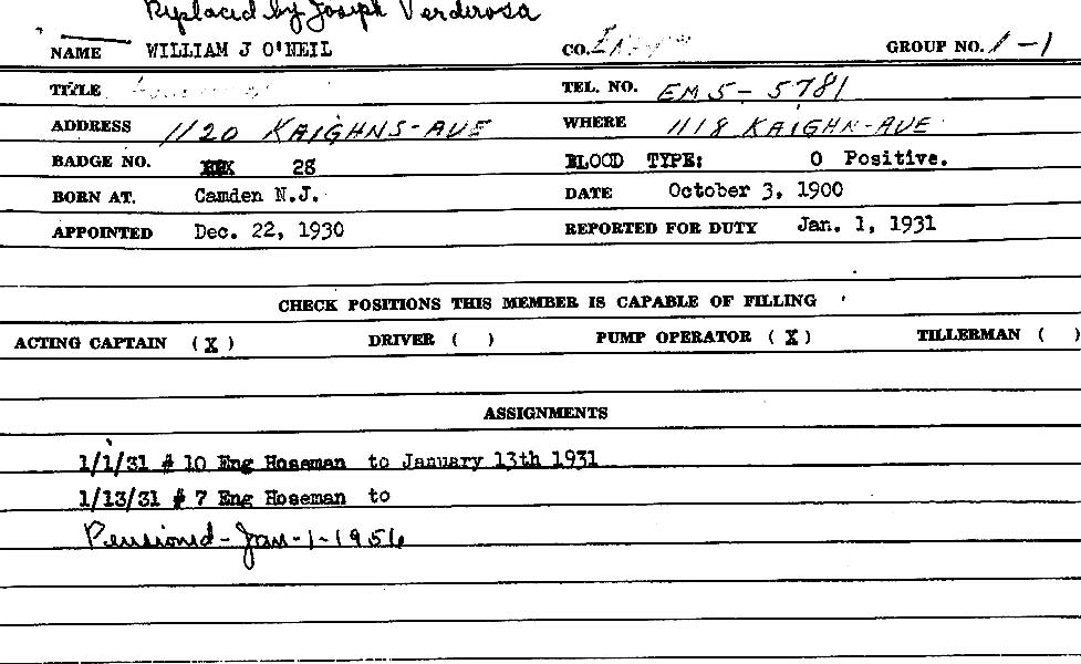 William J. O'Neil fire department personnel card