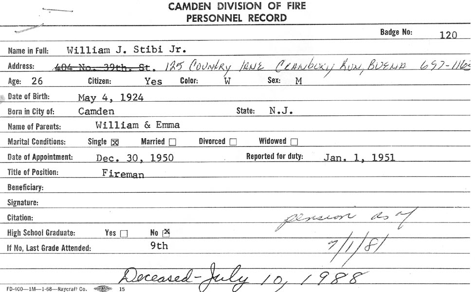 William J. Stibi Jr. — Camden Division of Fire Personnel Record