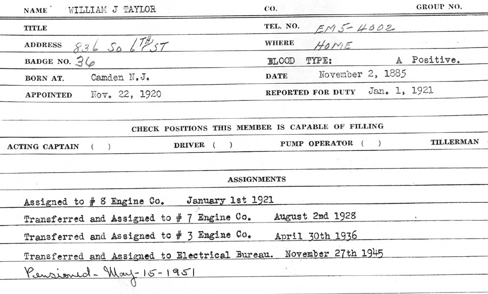 William J. Taylor fire department personnel card