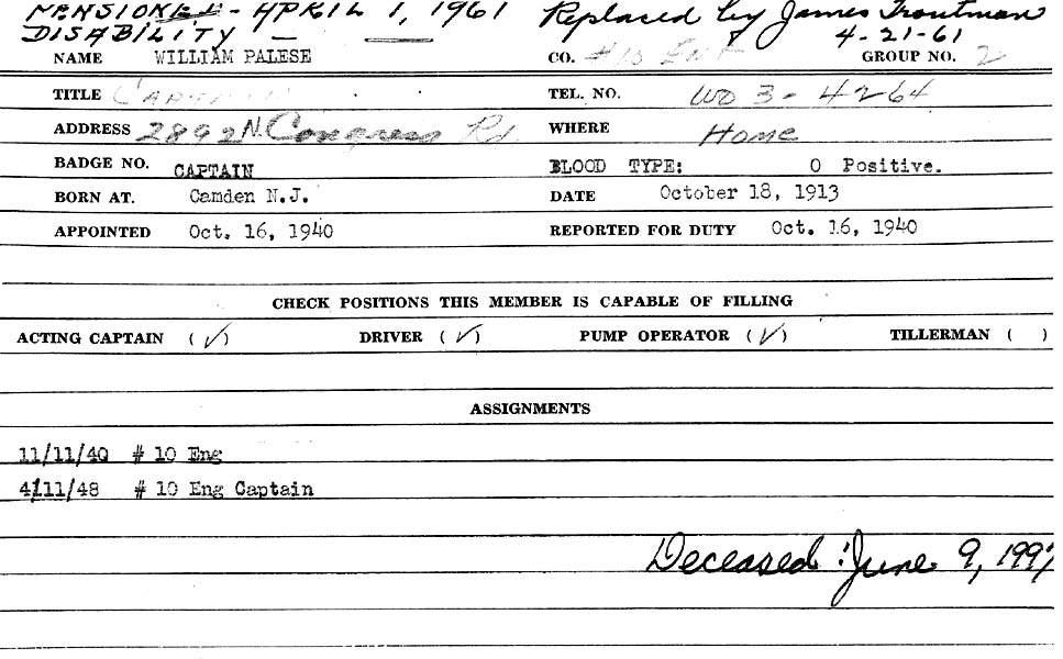 William Palese — Camden Fire Department service record