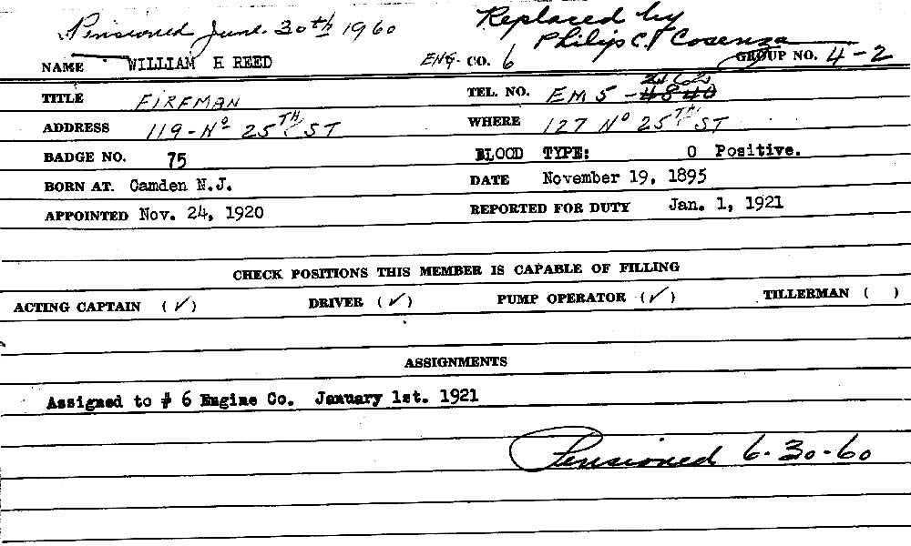 Camden Fire Department record card for William H. Reed, Badge No. 75, Engine Company 6, pensioned June 30, 1960