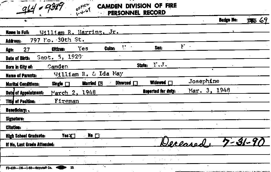 William R. Harring Jr. fire department card