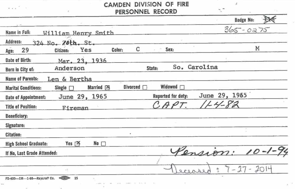 Camden Fire Department personnel record card for William Henry Smith, front